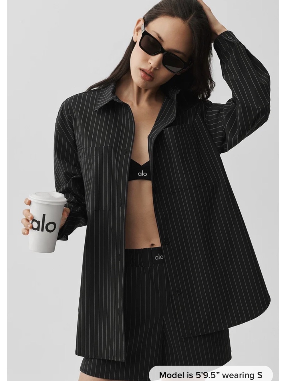 ALO Yoga Pinstripe Daylight Button Down Long Sleeve Black